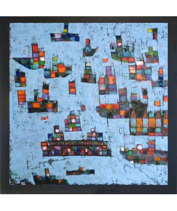 AL COURTY : Bateaux en attente (huile sur toile 100 x 100 cm) la chaussure