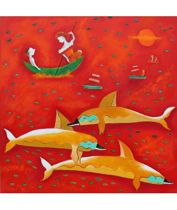 LE BRICQUIR Danielle  : Les dauphins de la mer rouge (Tableau, huile sur toile) 2024