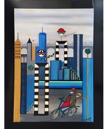 COULIBEUF-ESPEJO Beatrice :  Cyclo city, tableau figuratif stylisé, acrylique sur toile de France