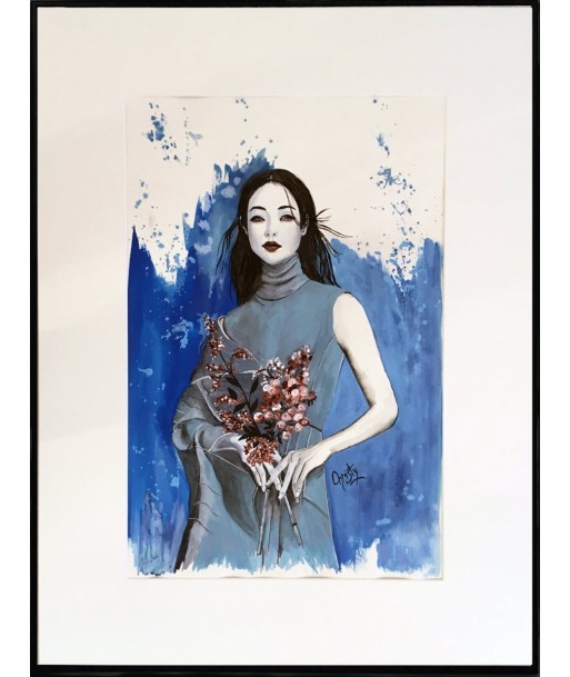 CHRISTY - Yeux bleus au bouquet (tableau, encre de soie et aquarelle / papier) destockage