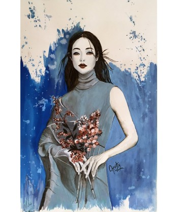 CHRISTY - Yeux bleus au bouquet (tableau, encre de soie et aquarelle / papier) destockage