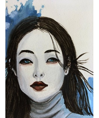 CHRISTY - Yeux bleus au bouquet (tableau, encre de soie et aquarelle / papier) destockage