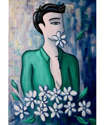 WALON Marine - Femme au bouquet de fleurs,  tableau figuratif, Acrylique Fin de série