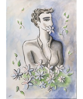 WALON Marine - Femme au bouquet de fleurs, tableau, aquarelle / papier 2023