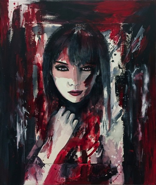 CHRISTY - Regard de louve (tableau, encre et aquarelle / papier marouflé sur toile) brillant des détails fins