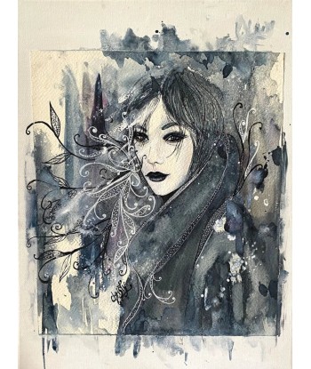 CHRISTY - Regard profond (tableau, encre et aquarelle / papier marouflé sur toile) paiement sécurisé