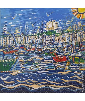 JASSELIN Danièle  - Marseille, la ville bleue (tableau, Acrylique et collages / Toile) Venez acheter