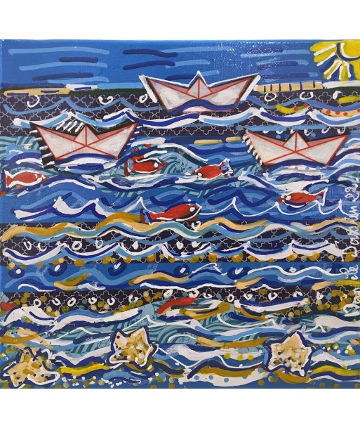 JASSELIN Danièle  - bord de mer (tableau, Acrylique et collages / Toile) brillant des détails fins