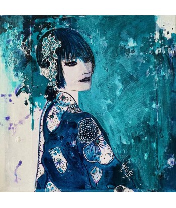 CHRISTY - Geisha azurée (tableau, encre et aquarelle / papier) le des métaux précieux