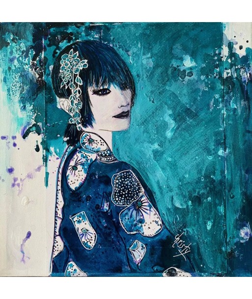 CHRISTY - Geisha azurée (tableau, encre et aquarelle / papier) le des métaux précieux